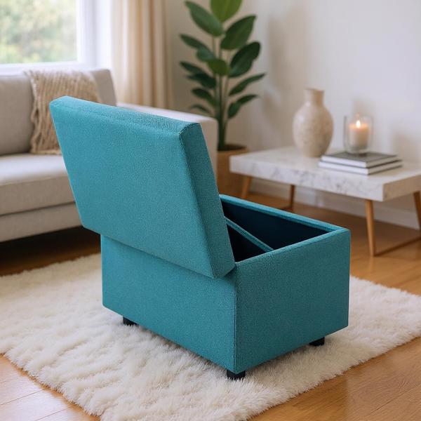 Blue Linen-Textured Storage Ottoman with Rubber Feet – 63×43×43cm Bench for Entryway, Bedroom or Living Room-5