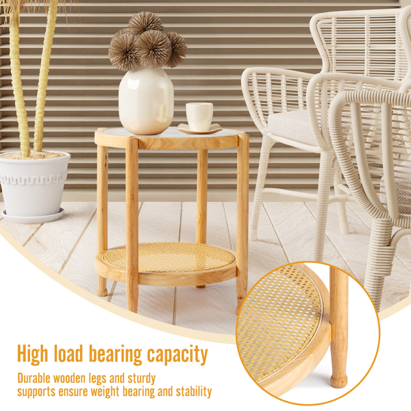 19.7in Rattan Coffee Table with Glass Top, Small Round End Table, Boho Style Side Table Sofa End Table for Living Room Balcony Patio, Natural-17