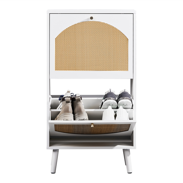2 dump buckets with high-leg arched rattan shoe cabinet particle board + plastic rattan 54*24*98cm white frame + original wood rattan surface + white high-leg shoe cabinet-11