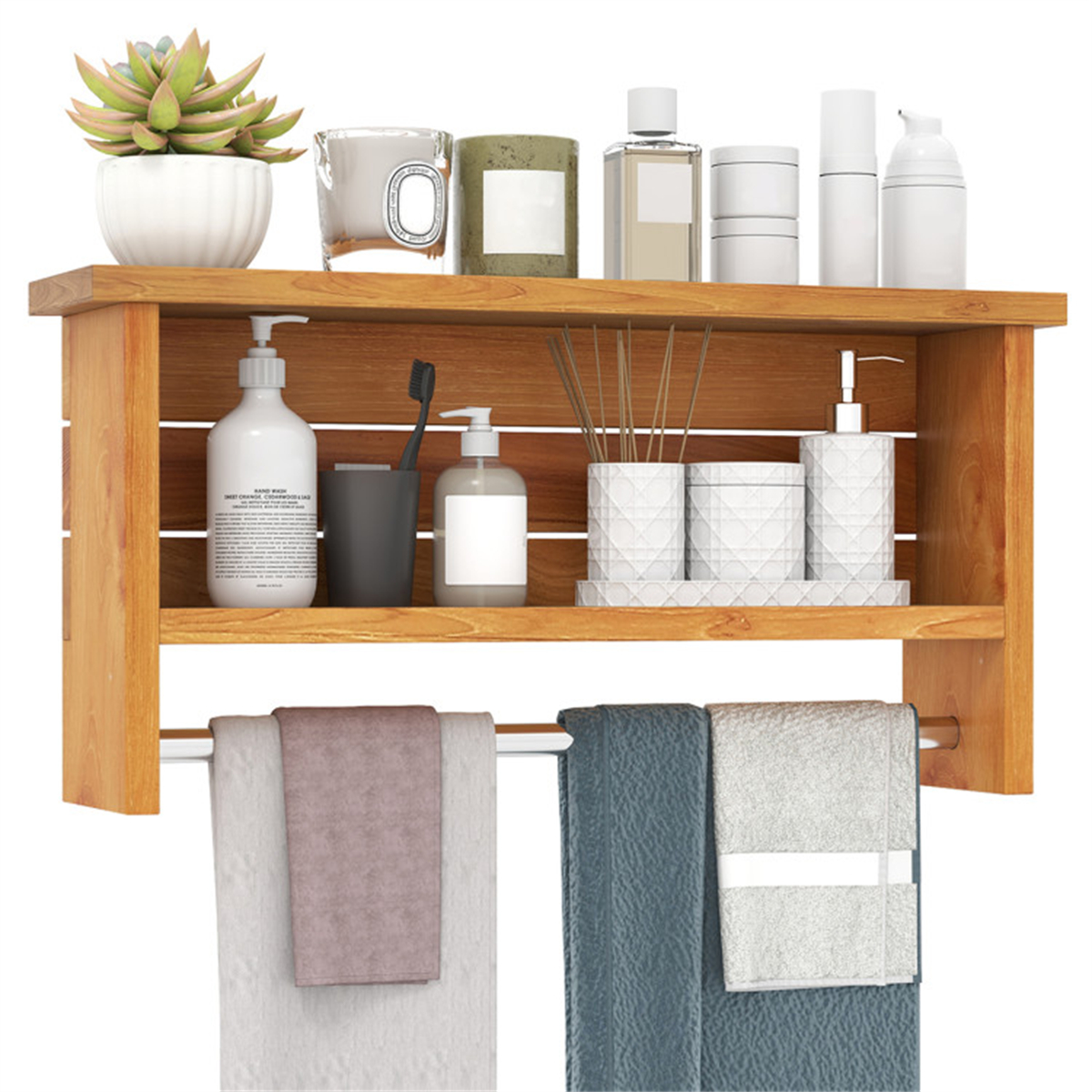 Wood Wall-Mounted Storage Shelf with Towel Bar