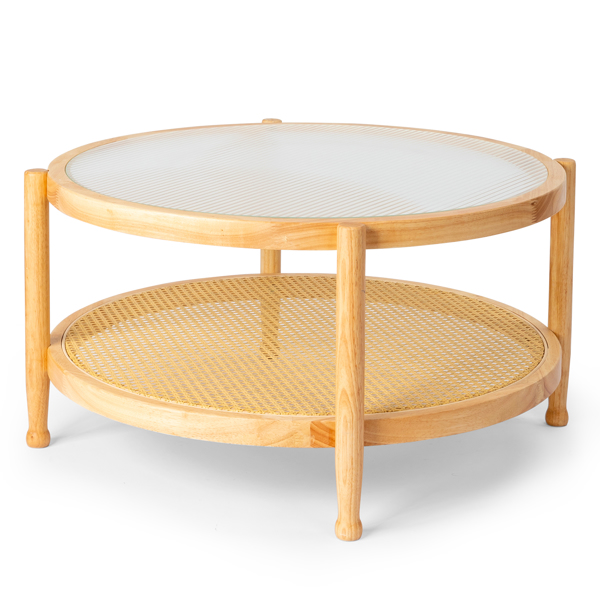 31.5in Rattan Coffee Table with Glass Top, Round End Table, Boho Style Side Table Sofa End Table for Living Room Balcony Patio, Natural-17