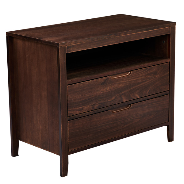 Brown P2 density board + solid wood veneer frame 75*40*61CM two drawers with upper compartment bedside table mid-century modern-6