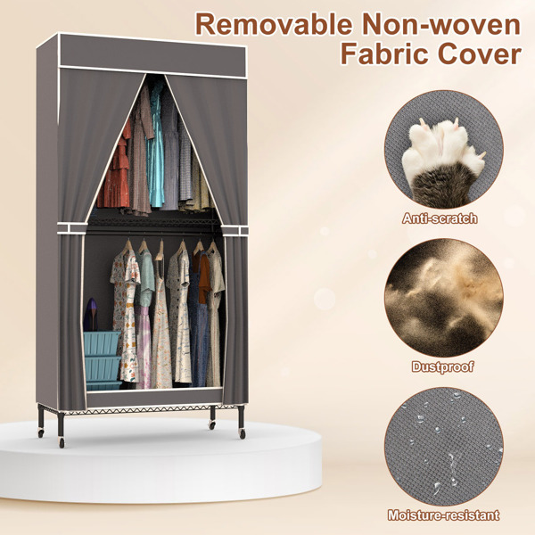 2 Tier Clothing Rack With Cover Portable Wardrobe Closet Covered Garment Rack with 4 Wheels 2 Hanging Rods 2 Hook Racks 35.43x17.13x72.44in-4