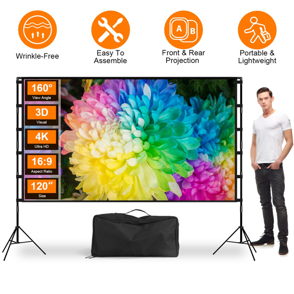 120" Portable Projector Screen with Stand, Foldable & Anti-Crease, HD 4K Movie Screen for Outdoor/Indoor Use, Home Theater, Parties & Business Presentations - Includes Carry Bag-1