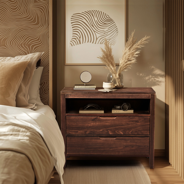 Brown P2 density board + solid wood veneer frame 75*40*61CM two drawers with upper compartment bedside table mid-century modern-19