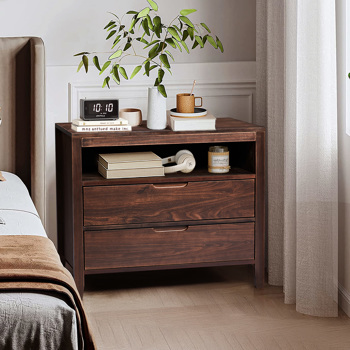 Brown P2 density board + solid wood veneer frame 75*40*61CM two drawers with upper compartment bedside table mid-century modern