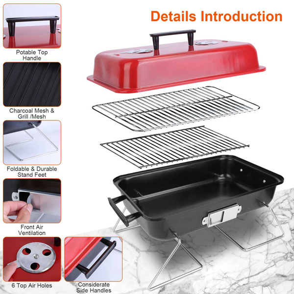 Portable Charcoal Grill Outdoor Tabletop Grill Small Barbecue Smoker Folding BBQ Grill with Lid for Backyard Camping Picnics Beach-7