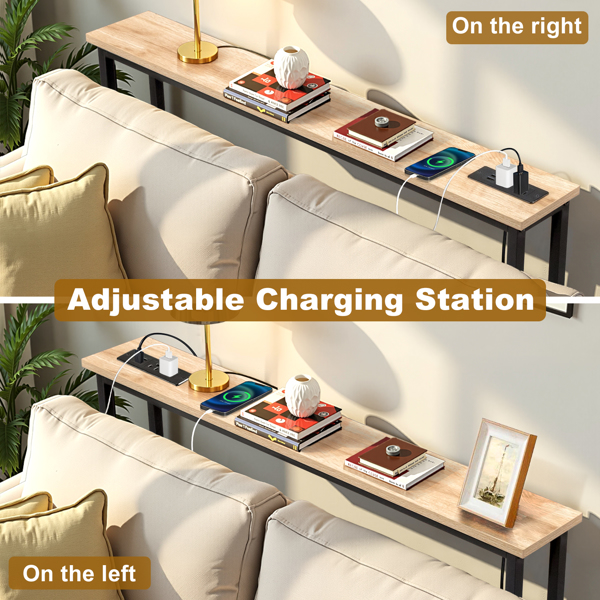 39.4" Narrow Console Sofa Table with Power Outlets and USB Ports, Skinny Couch Table with Metal Frame and Charge Station with 4.9ft Extension Cord, Oak-10