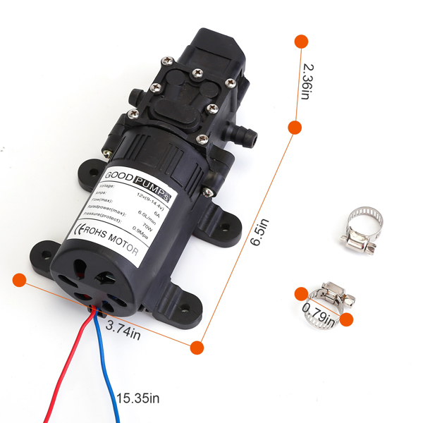 2PCS 12V Water Pump with 2 Hose Clamps 130PSI Self Priming Sprayer Pump 70W Electric Diaphragm Water Pump 6L/Min for RV Camper Marine Boat-9