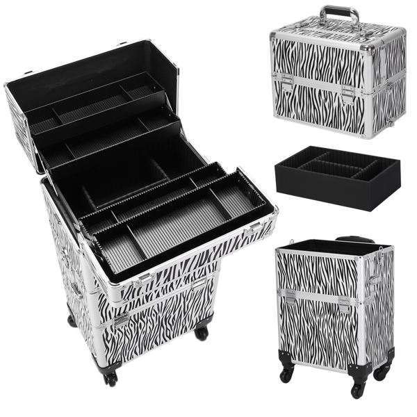 3 in 1 Aluminum Cosmetic Makeup Case Tattoo Box White Zebra Print-18