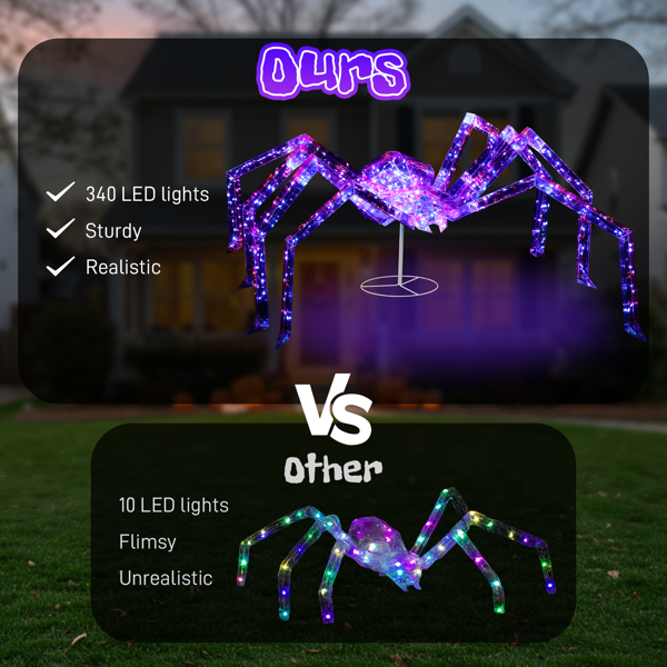 3FT Halloween Decorations Light Up Spider, Outdoor Halloween Decor Lighted Iridescent Spider, Weather Proof Pre-lit Spider with 340 LED Lights, for Front Yard Porch Gardens Lawns Party-9