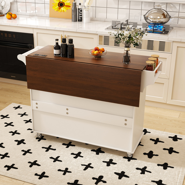 White Kitchen Island Cart with Foldable Tabletop & Drop Leaf - Mobile Breakfast Bar on Wheels with Wood Top and Storage-7