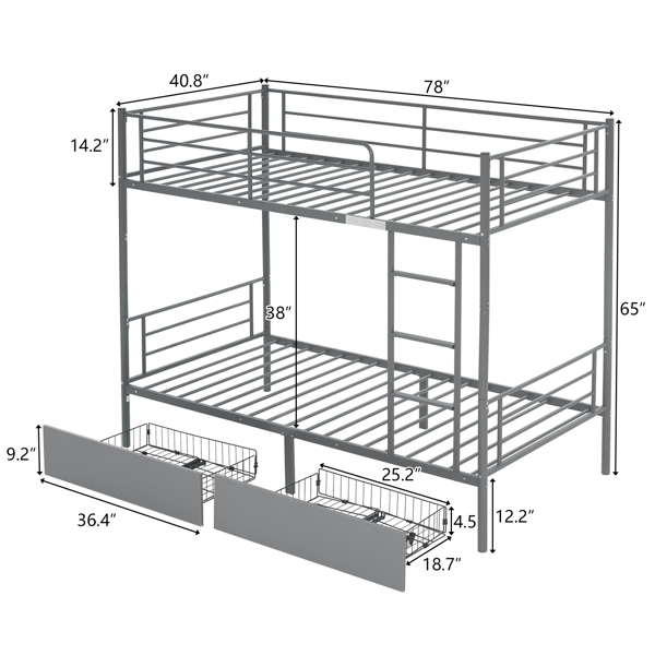 【Replace 95275916】Twin Over Twin Convertible Bunk Bed with 2 Storage Drawers, Metal Bunk Bed Can be Divided Into Two Daybeds, Grey-2