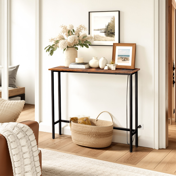 39.4" Narrow Console Sofa Table with Power Outlets and USB Ports, Skinny Couch Table with Metal Frame and Charge Station with 4.9ft Extension Cord, Rustic Brown-4