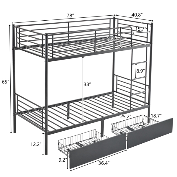 【Replace 53243394】Twin Over Twin Convertible Bunk Bed with 2 Storage Drawers, Metal Bunk Bed Can be Divided Into Two Daybeds, Black-2