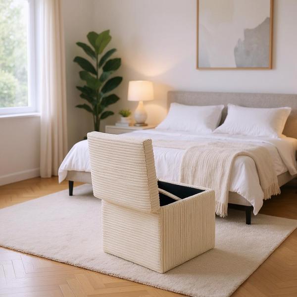 Beige Corduroy Storage Ottoman with Rubber Feet – Compact Soft Cube Seat, 42×42×44cm-3