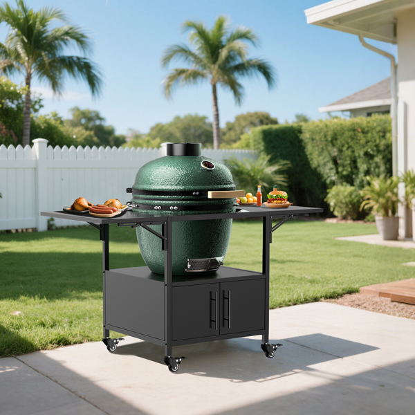户外烧烤桌，适用于 Big Green Egg 式烧烤炉，金属烧烤车，带 2 个折叠面板，可与高达 Large Green Egg 的 Kamado Joe Jr 兼容-5
