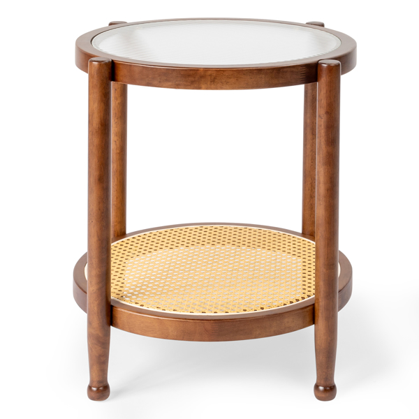 19.7in Rattan Coffee Table with Glass Top, Small Round End Table, Boho Style Side Table Sofa End Table for Living Room Balcony Patio, Walnut-1