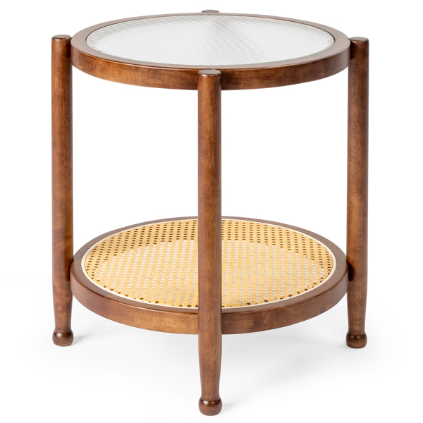 19.7in Rattan Coffee Table with Glass Top, Small Round End Table, Boho Style Side Table Sofa End Table for Living Room Balcony Patio, Walnut-2