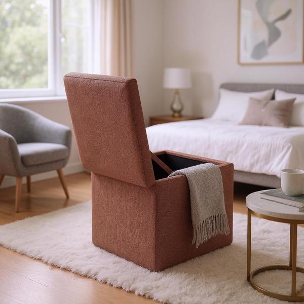 Brown Linen-Textured Storage Ottoman with Black Rubber Feet – Compact Square Seat with Hidden Storage, 42×42×44cm-5