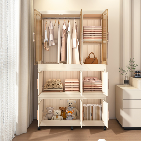 Portable Wardrobe Closet Storage Organizer for Clothes,Clothes Dresser,9 Magnetic Doors-9 Cubes & 1 Hanging Rod,6 pcs hangers , Baby Wardrobe Storage Cabinet,White -8