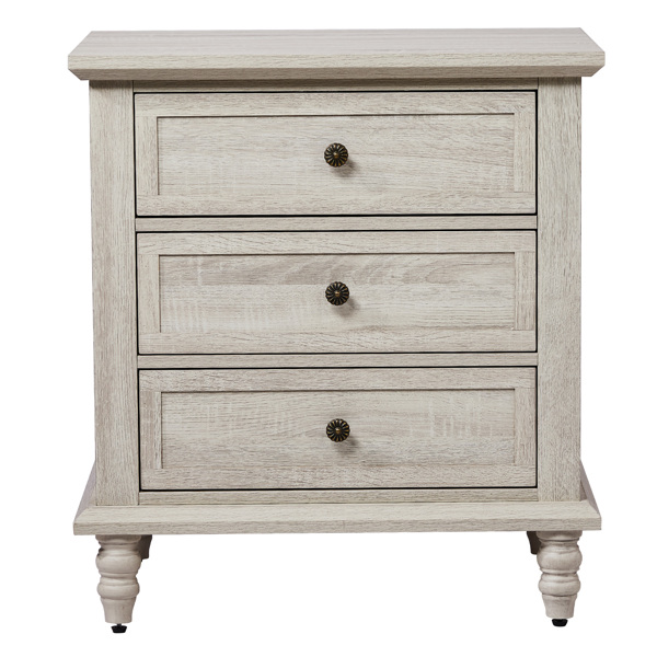 Retro white P2 particle board with 3D paper + solid wood legs 63*44.5*68.5CM three drawers bedside table 1pcs-16