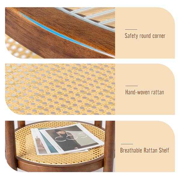 19.7in Rattan Coffee Table with Glass Top, Small Round End Table, Boho Style Side Table Sofa End Table for Living Room Balcony Patio, Walnut-17
