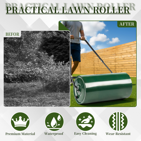 24in Heavy Duty Steel Lawn Roller, Garden Roller Can Be Filled with Water or Sand, Hand Roller with U-shaped Handle, Green & Black-13