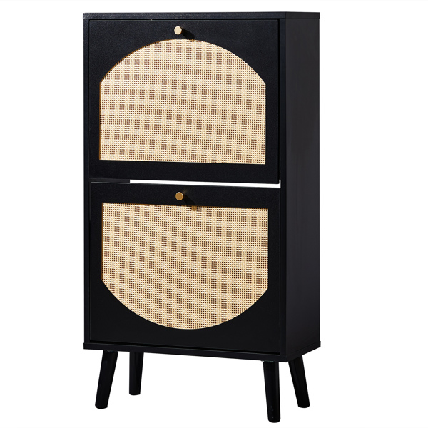 2 dump buckets with high-leg arched rattan surface shoe cabinet particle board + plastic rattan 54*24*98cm black frame + original wood rattan surface + black high legs-6