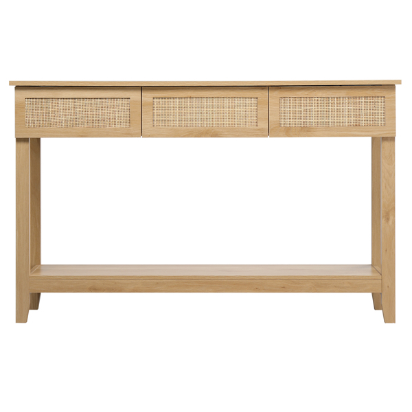 Boho Style Rattan Console Table with 3 Drawers and Open Storage Shelf, Entryway Table Narrow Long Sofa Table Hallway Foyer Table Behind Couch Table, Natural Wood-1