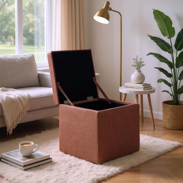 Brown Linen-Textured Storage Ottoman with Black Rubber Feet – Compact Square Seat with Hidden Storage, 42×42×44cm-4