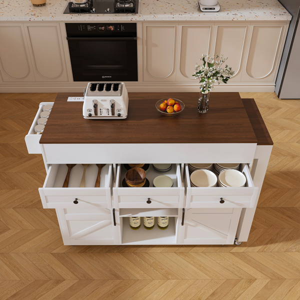 74.8" Kitchen Island with Extendable Dining Table & Power Outlet - Rolling Storage Cart on Wheels with 3 Drawers & 2 Door Cabinet for Dining Room, White-8