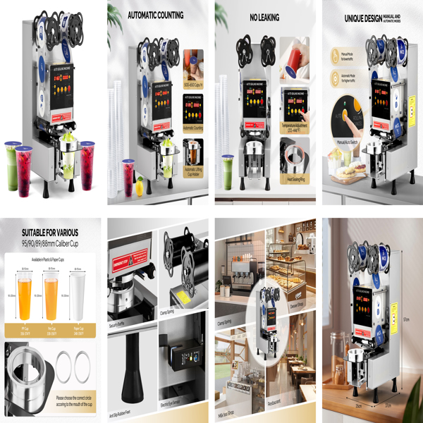 Cup Sealing Machine, Fully Automatic Cup Sealer Machine 500-650 Cups/H, Electric Cup Sealing Machine 88/89/90/95mm with LCD Digital Control, Cup Sealer for Bubble Milk Tea Coffee,Silver -10