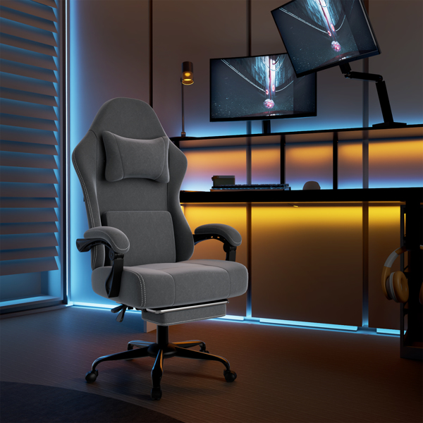Ergonomic Gaming Chair, Video Game Chair with Massage Lumbar Support and Footrest, Height Adjustable Fabric Computer Chair with Pocket Spring Cushion, Gray-7