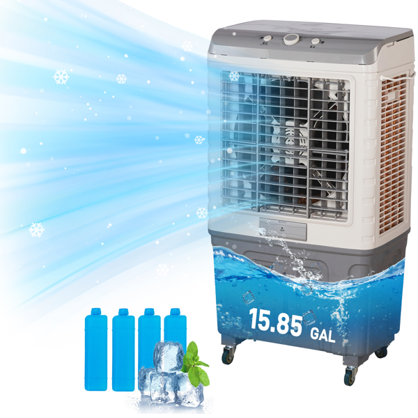 3 in 1 Portable Evaporative Cooler,707L,Indoor,Outdoor,3065 CFM Personal Air Cooler,15.85 Gal Large Water Tank & Scroll Casters, 4 Ice Packs,White and Gray-9