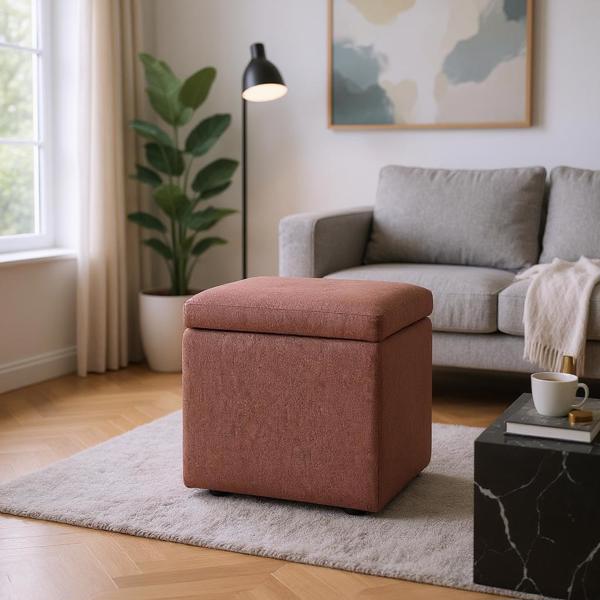Brown Linen-Textured Storage Ottoman with Black Rubber Feet – Compact Square Seat with Hidden Storage, 42×42×44cm-2
