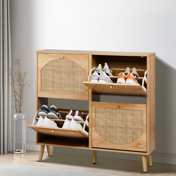 2 rows of 4 dump buckets with high feet arched rattan surface shoe cabinet density board with triamine 105*24*98cm original wood color
