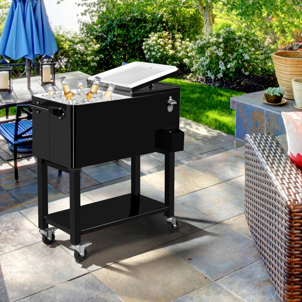 80 Quart Rolling Ice Chest, Portable Bar Drink Cooler with Catch Basin, Bottom Storage Tray and Bottle Opener for Patio Party BBQ Beach Activities-10