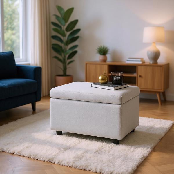 Light Gray Linen-Textured Storage Ottoman with Rubber Feet – 63×43×43cm Bench for Entryway, Bedroom or Living Room-2