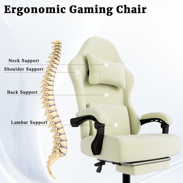 Ergonomic Gaming Chair, Video Game Chair with Massage Lumbar Support and Footrest, Height Adjustable Fabric Computer Chair with Pocket Spring Cushion, White-6