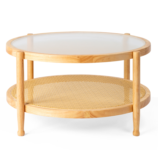 31.5in Rattan Coffee Table with Glass Top, Round End Table, Boho Style Side Table Sofa End Table for Living Room Balcony Patio, Natural-1