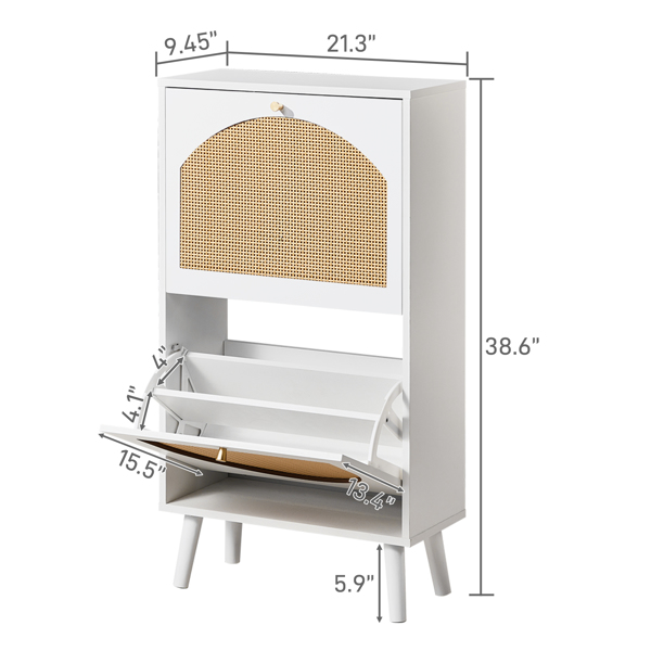 2 dump buckets with high-leg arched rattan shoe cabinet particle board + plastic rattan 54*24*98cm white frame + original wood rattan surface + white high-leg shoe cabinet-3