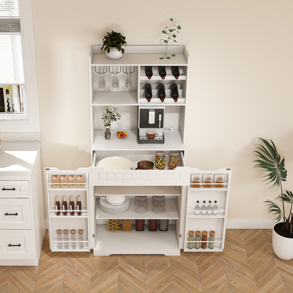 White Buffet Cabinet with Hutch - Modern Farmhouse Kitchen Storage Sideboard with 2 Drawers & Barn Doors, Coffee Bar Station or Liquor Cabinet for Dining Room, Living Room-9