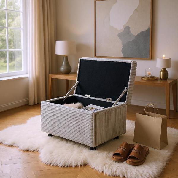 Light Gray Corduroy Upholstered Storage Ottoman with Black Round Rubber Feet – 63×43×43cm, Hidden Storage with Soft Seating-4