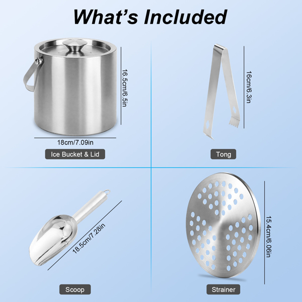  3L Ice Holder Ice Container Double-Wall Stainless Steel Insulated Ice Bucket 3L Ice Holder Ice Container with Lid Scoop Strainer Handle for Wine Champagne Beer Parties Cocktails-10