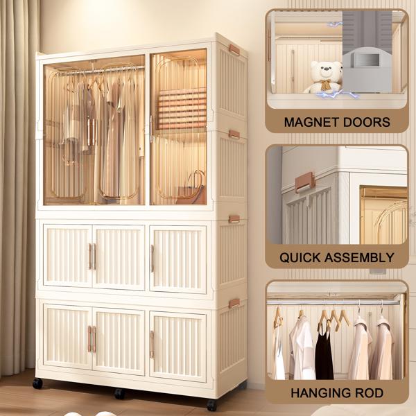 Portable Wardrobe Closet Storage Organizer for Clothes,Clothes Dresser,9 Magnetic Doors-9 Cubes & 1 Hanging Rod,6 pcs hangers , Baby Wardrobe Storage Cabinet,White -10