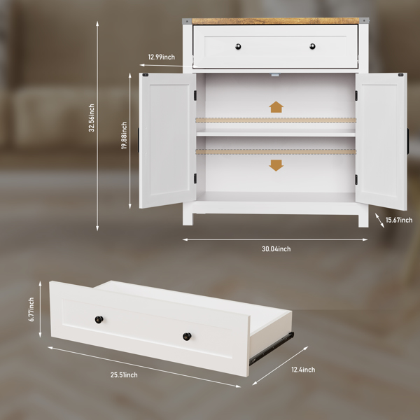30" Kitchen Storage Cabinet with Drawers and Doors,Farmhouse Coffee Bar Cabinet with Adjustable Shelves,Floor Sideboard and Buffet Server for Living Room,Dining Room,Bathroom,White -5