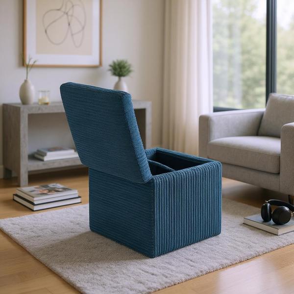 Blue Corduroy Storage Ottoman with Rubber Feet – Compact Soft Cube Seat, 42×42×44cm-6