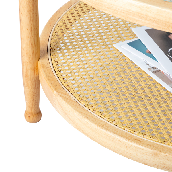 31.5in Rattan Coffee Table with Glass Top, Round End Table, Boho Style Side Table Sofa End Table for Living Room Balcony Patio, Natural-2