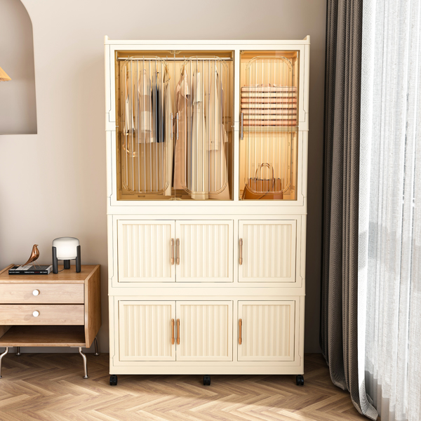 Portable Wardrobe Closet Storage Organizer for Clothes,Clothes Dresser,9 Magnetic Doors-9 Cubes & 1 Hanging Rod,6 pcs hangers , Baby Wardrobe Storage Cabinet,White -9
